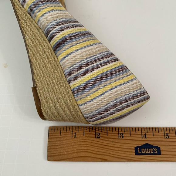 Kelly & Katie Blue Yellow Striped Canvas Peep Toe Bow embellished Wedge Heels - Picture 5 of 10